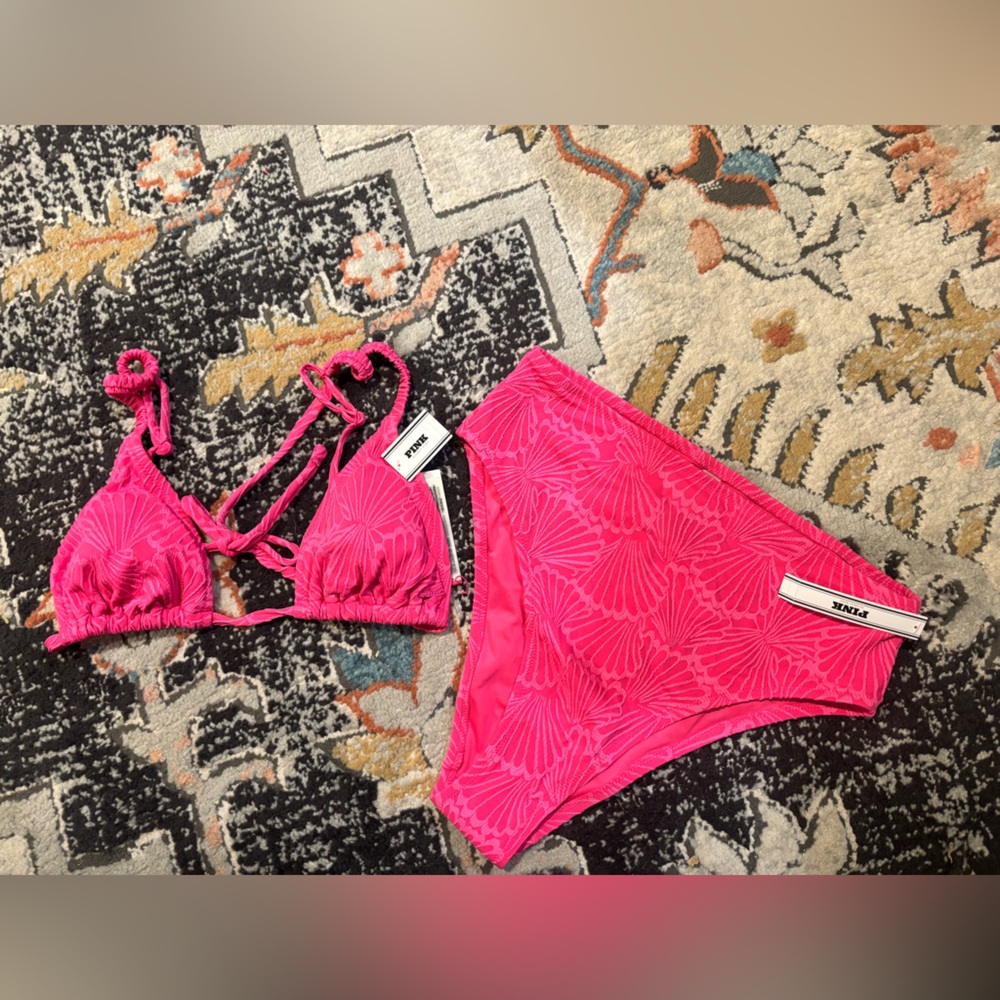 NWT VS PINK hot Pink High-Waist Bikini Set with Shell Stitch Texture